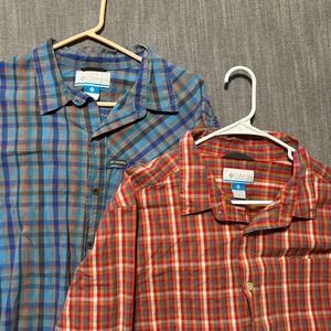 Lot of 2 Columbia Mens XL Plaid Short Sleeve Button Up Shirts Blue Red Stretch